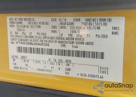 2018 Ford Transit-250 T-250 из США, поврежденный, VIN 1FTKR3XM2JKA45326